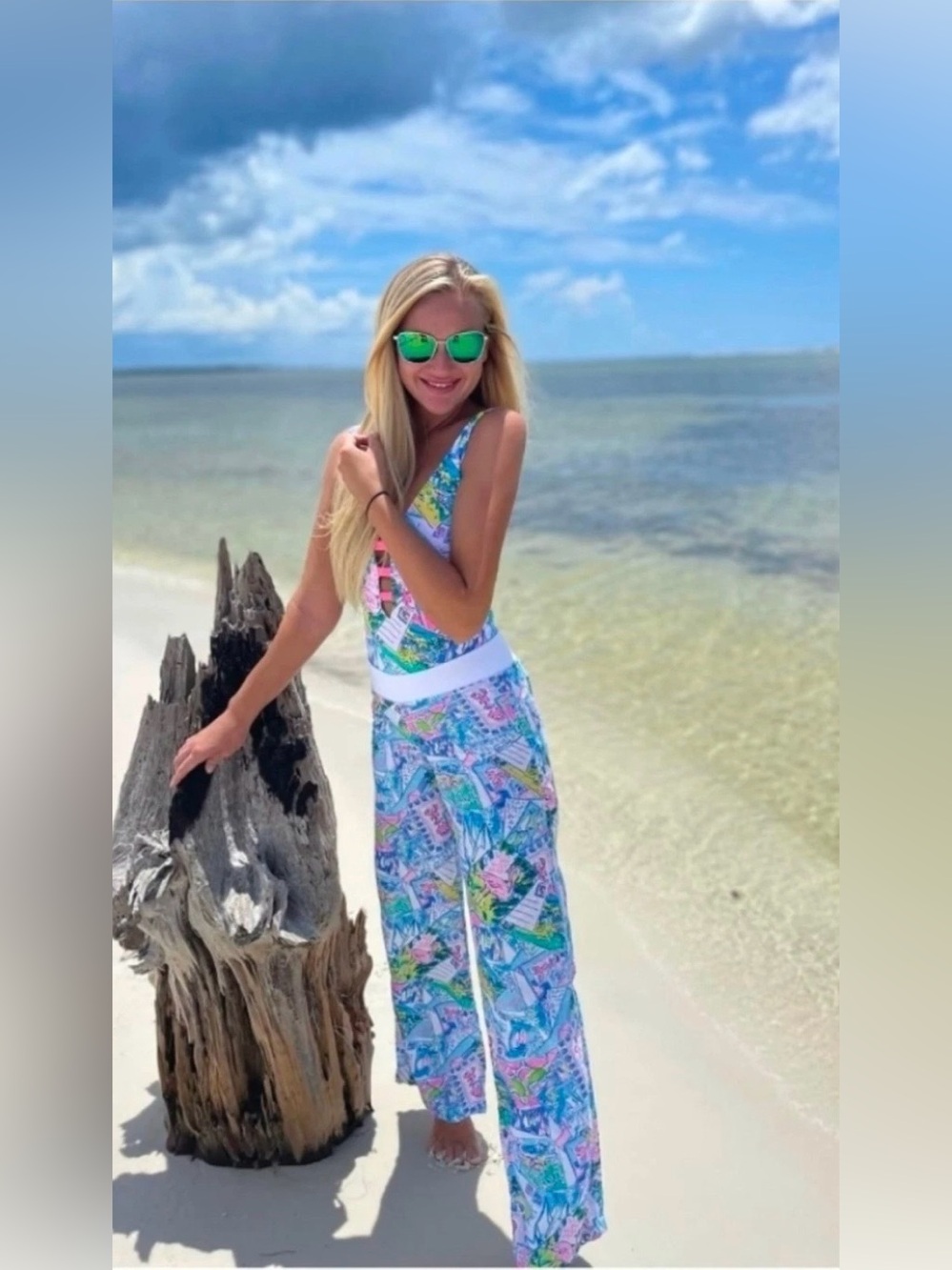 Lilly Pulitzer Turquoise Multi Floral Wide-Leg Pants
